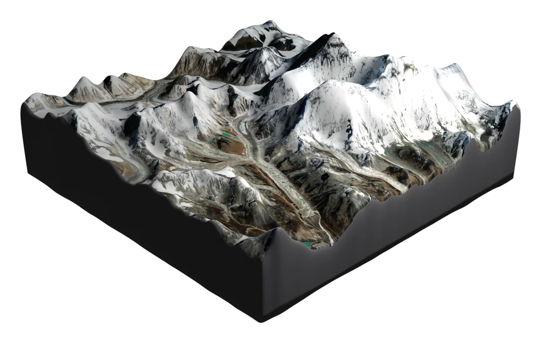 Mount Everest terrain model, three-quarter view. Summit ridge running left to right, Khumbu glacier below, on a flat rectangular base.